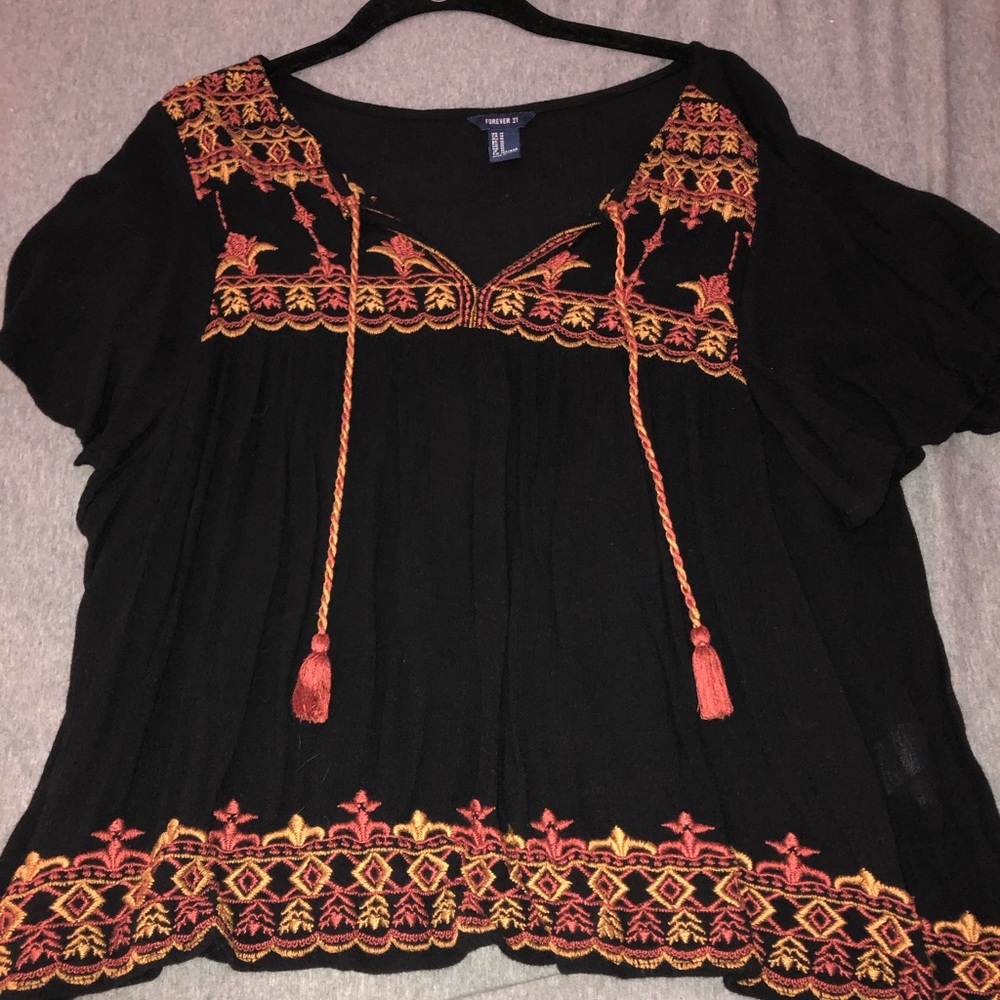 Black embroidered short sleeve flowy top